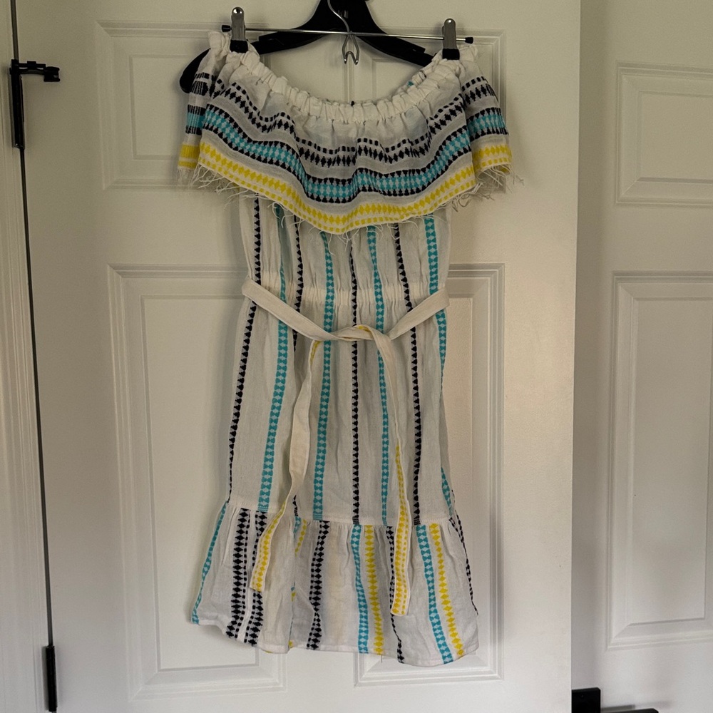 Lemlem Striped Off-Shoulder Dress - White, Blue, Yellow